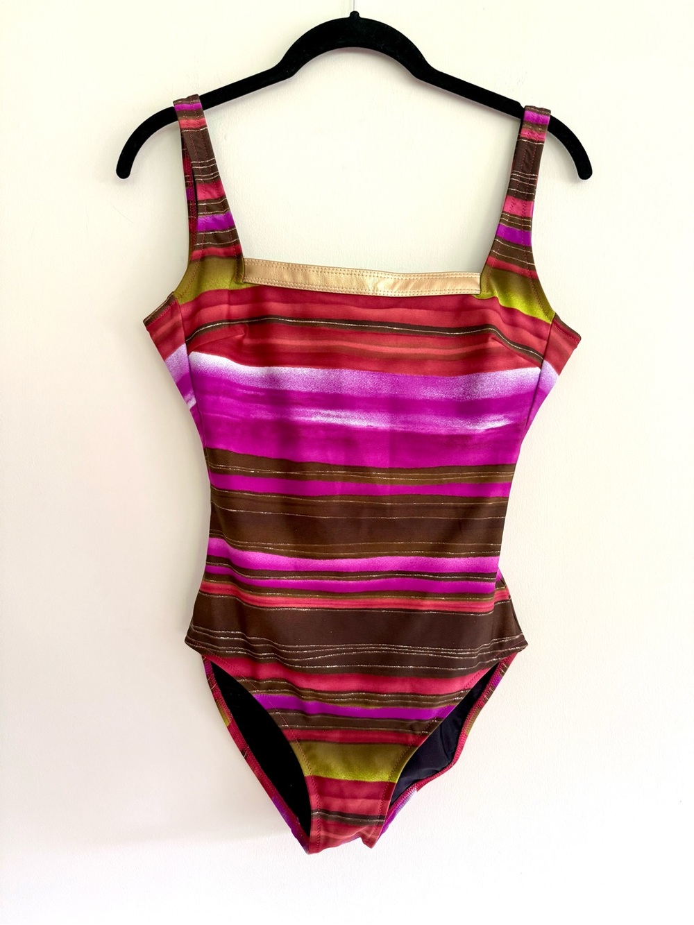 🔮GOTTEX Square Neck Multicolor Stripe Gold One Piece Swimsuit